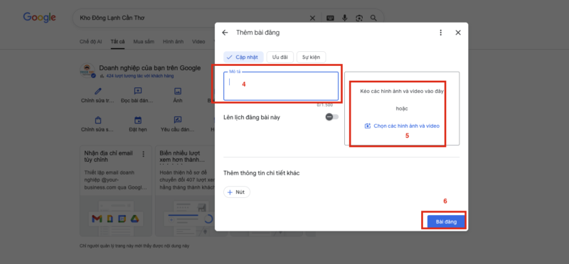 Bước 4 5 6 đăng bài lên Google Maps Business Thêm bài viết và đăng